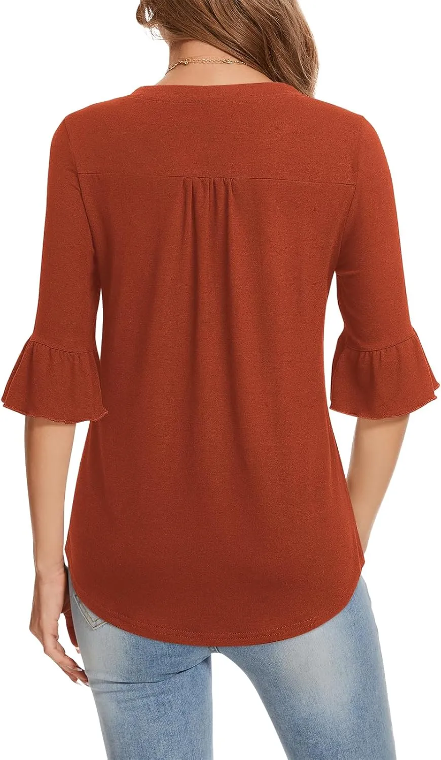 YATHON 3/4 Length Sleeve Womens Tops Dressy Casual Summer Shirts V Neck Bell Sleeve Floral Print Loose Ruffle Tunic Blouses