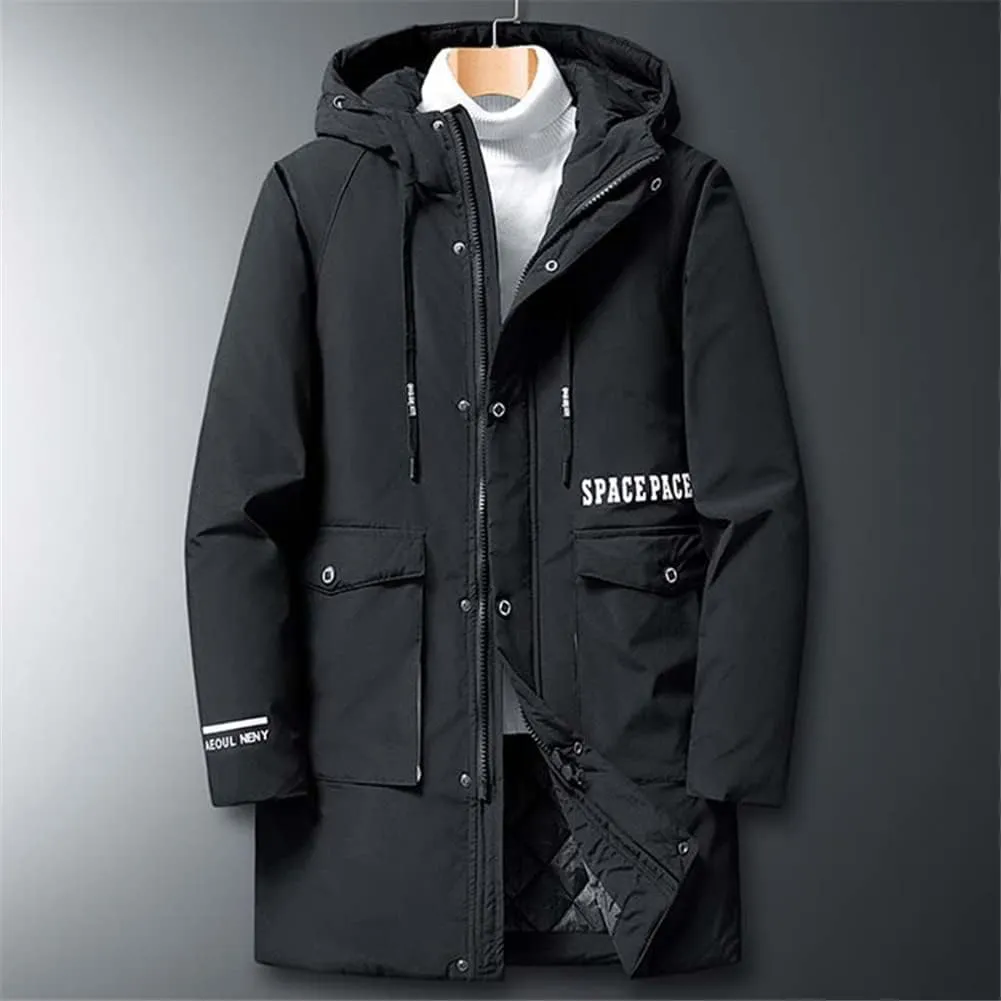 Youllyuu Long Cotton Padded Black Jacket Men Winter Coat Outerwear Hood Windbreaker Thermal Parka