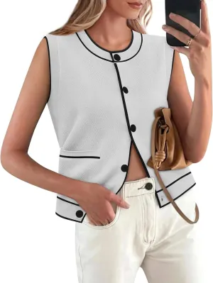 Yousify Womens Knit Tank Tops 2025 Summer Sleeveless Sweater Vest Round Neck Button Down Casual Cardigan with Pockets