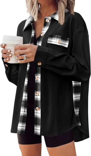 Zeagoo Womens Corduroy Flannel Shacket Jacket Casual Plaid Button Down Shirts Long Sleeve Fall Tops with Pockets