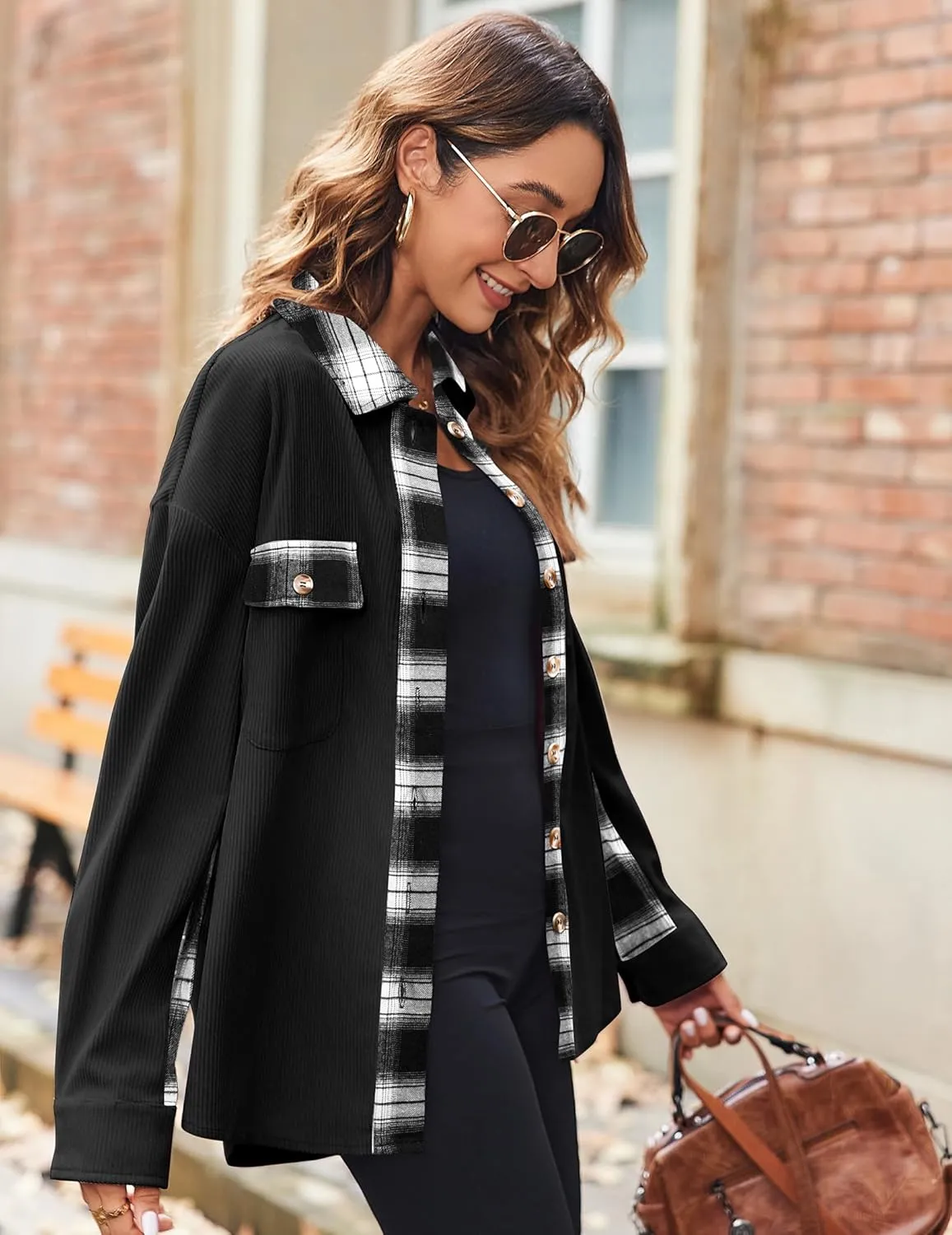 Zeagoo Womens Corduroy Flannel Shacket Jacket Casual Plaid Button Down Shirts Long Sleeve Fall Tops with Pockets