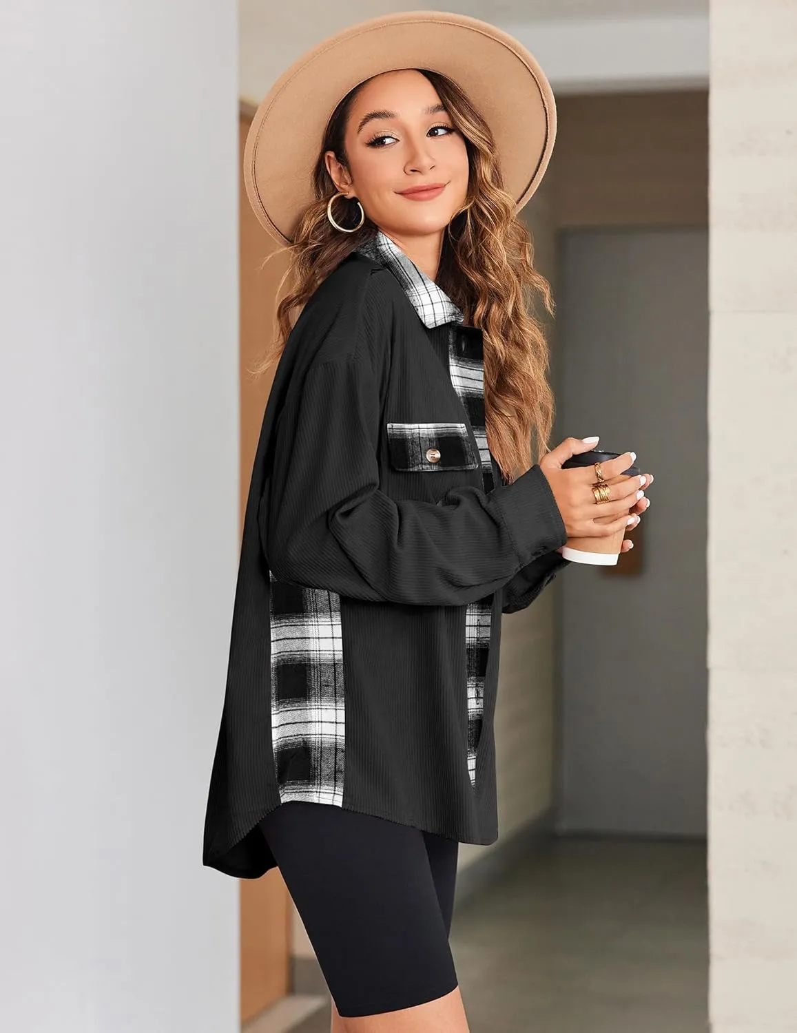 Zeagoo Womens Corduroy Flannel Shacket Jacket Casual Plaid Button Down Shirts Long Sleeve Fall Tops with Pockets