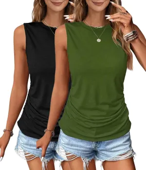 Zeagoo Womens Ruched Tank Tops Summer Dressy Casual Crewneck Sleeveless Shirts S-XXL