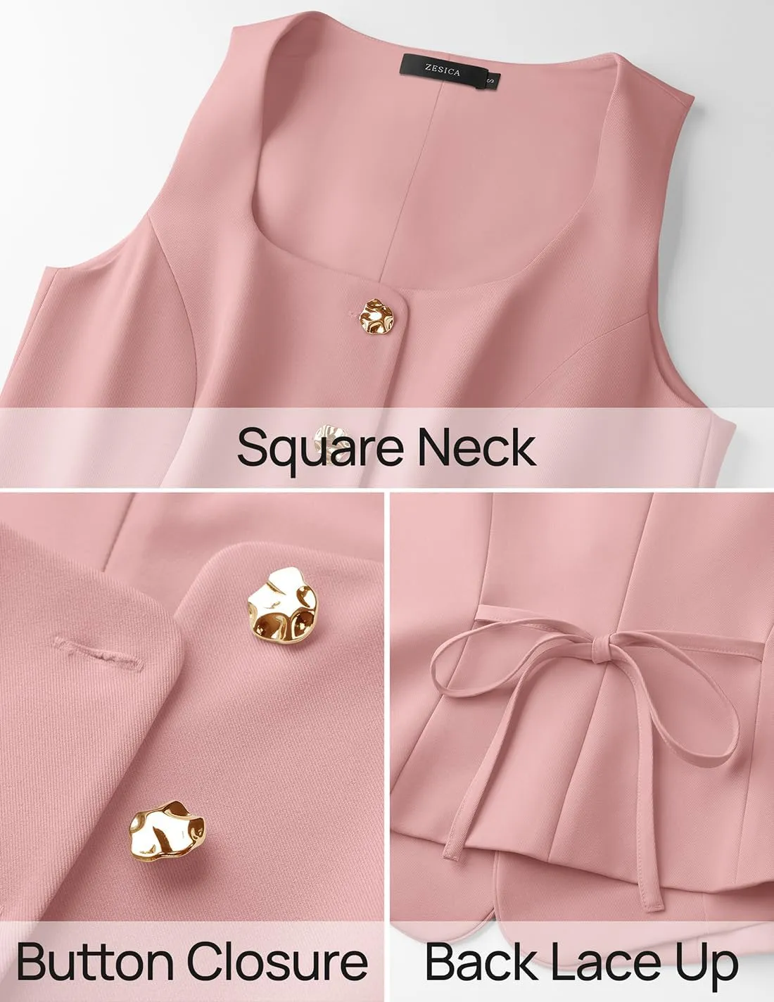 ZESICA Women's 2025 Summer Casual Sleeveless Suit Vest Square Neck Button Down Work Business Blazer Vests Waistcoat