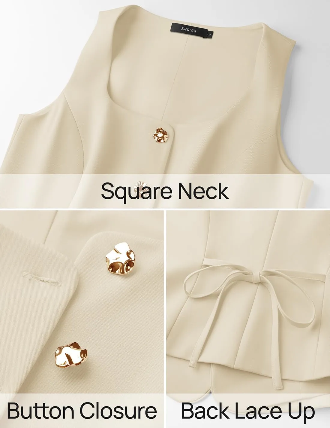 ZESICA Women's 2025 Summer Casual Sleeveless Suit Vest Square Neck Button Down Work Business Blazer Vests Waistcoat