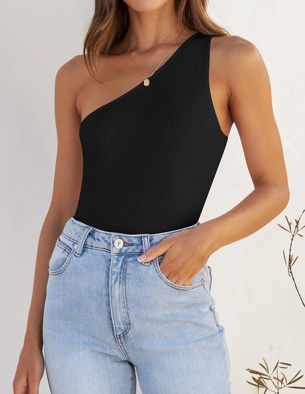 ZESICA Women's One Shoulder Tank Summer Sleeveless T Shirt Ribbed Knit Slim Fit Sexy Casual Basic Tee Tops
