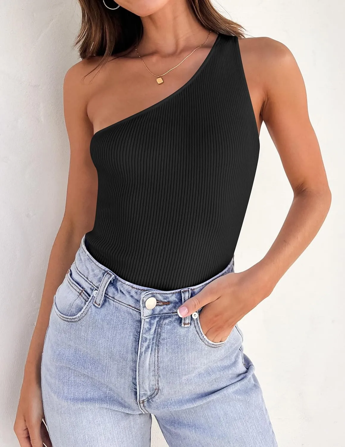 ZESICA Women's One Shoulder Tank Summer Sleeveless T Shirt Ribbed Knit Slim Fit Sexy Casual Basic Tee Tops