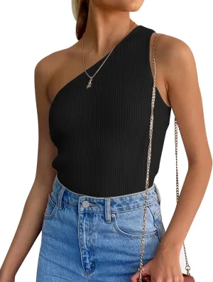 ZESICA Women's One Shoulder Tank Summer Sleeveless T Shirt Ribbed Knit Slim Fit Sexy Casual Basic Tee Tops