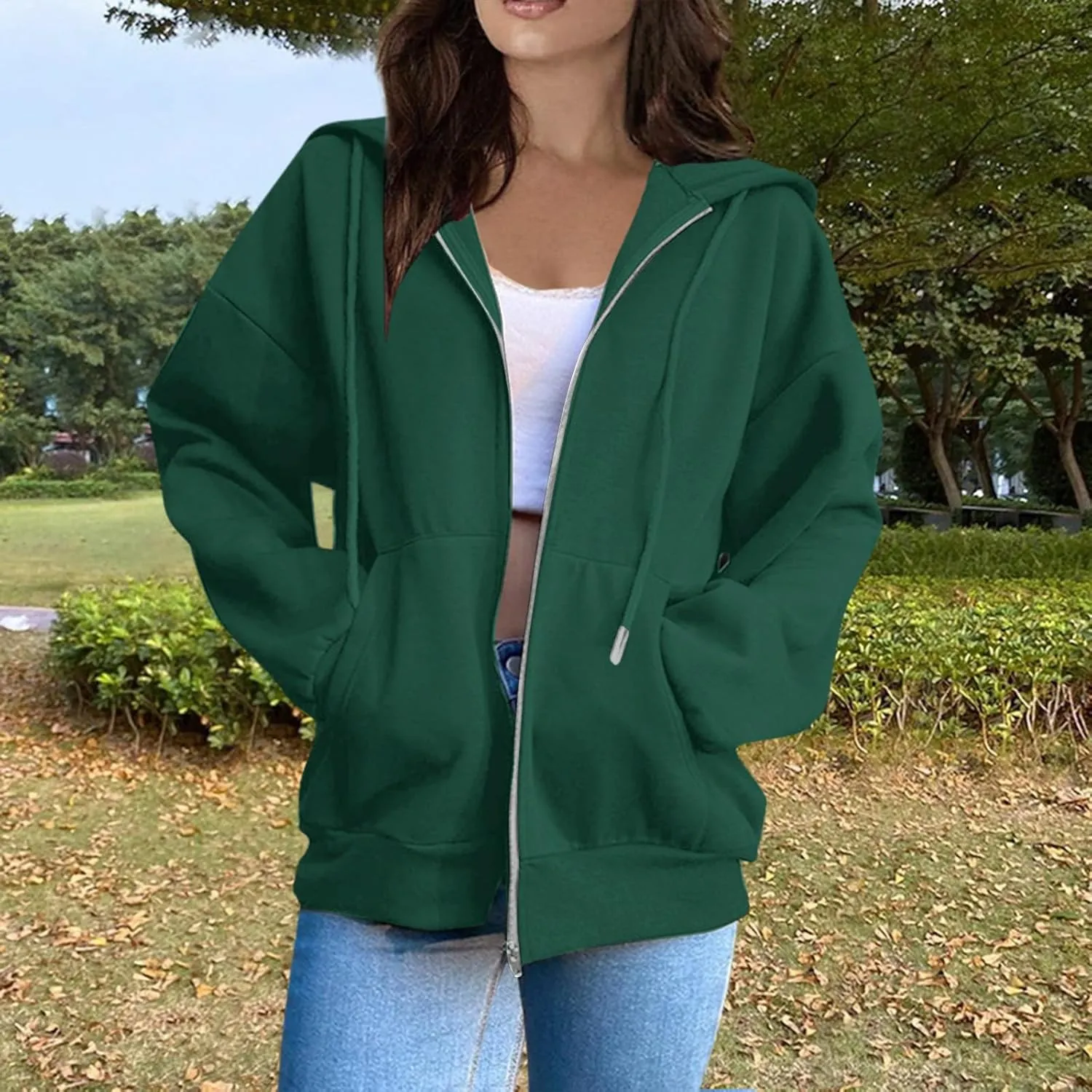 Zip Up Hoodie Women Long Sleeve Oversized Sweatshirts Y2K Jacket With Pockets 2024 Fall Outfits
