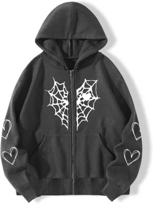 Zip Up Hoodies for Women Y2K Sweatshirt Spider Web Print Halloween Love Heart Goth Hooded Hoodie Hoody with Pockets