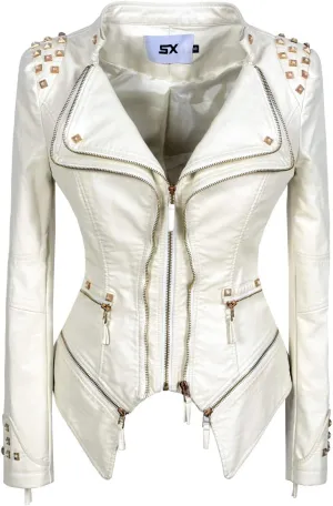 ZJX Women's classic fashion solid color dovetail rivet leather jacket punk personality coat
