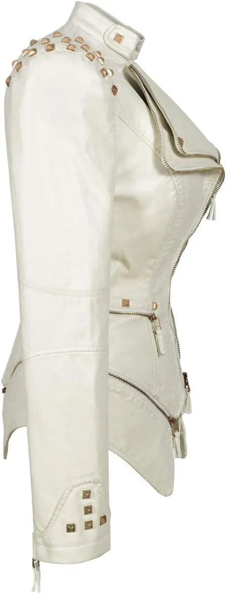 ZJX Women's classic fashion solid color dovetail rivet leather jacket punk personality coat