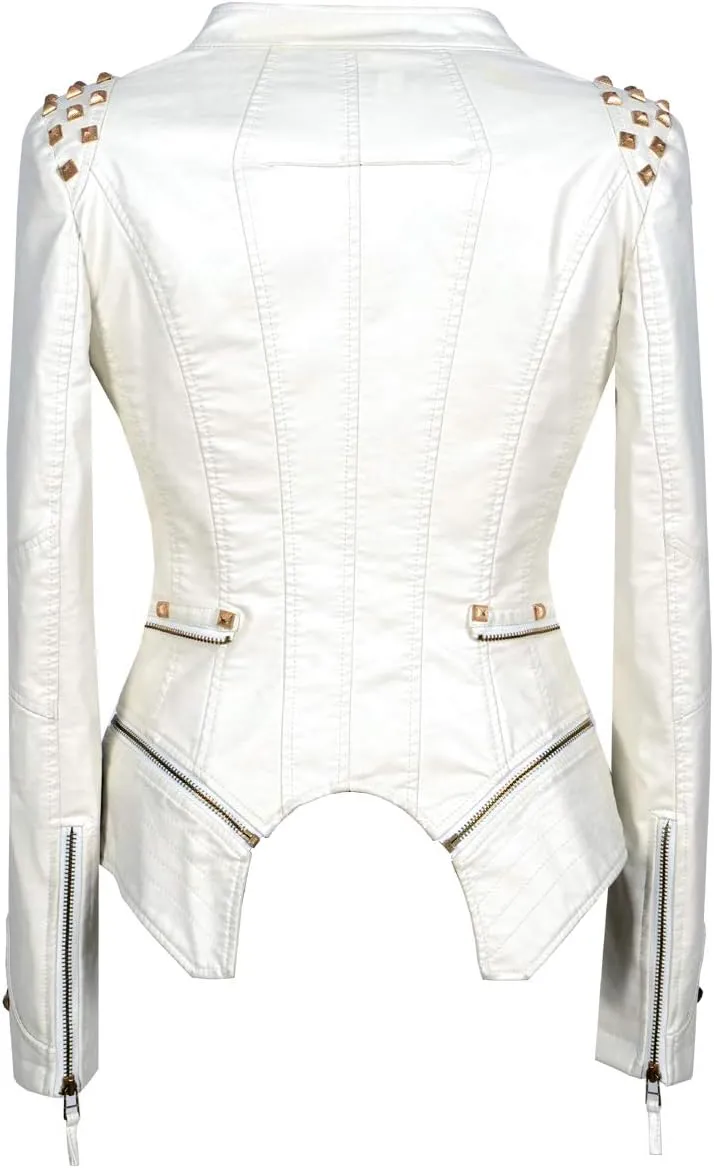 ZJX Women's classic fashion solid color dovetail rivet leather jacket punk personality coat