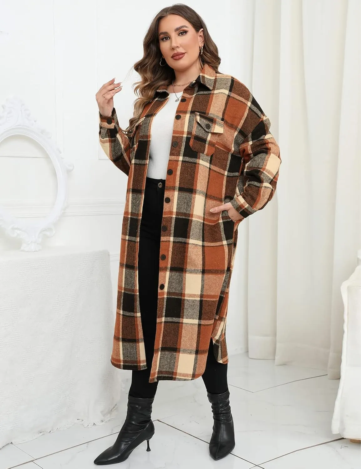 ZOMVA 2024 Women's 0X-5X Plus Size Long Flannel Plaid Shacket Jacket Oversized Button Down Coats Shirts with Pockets