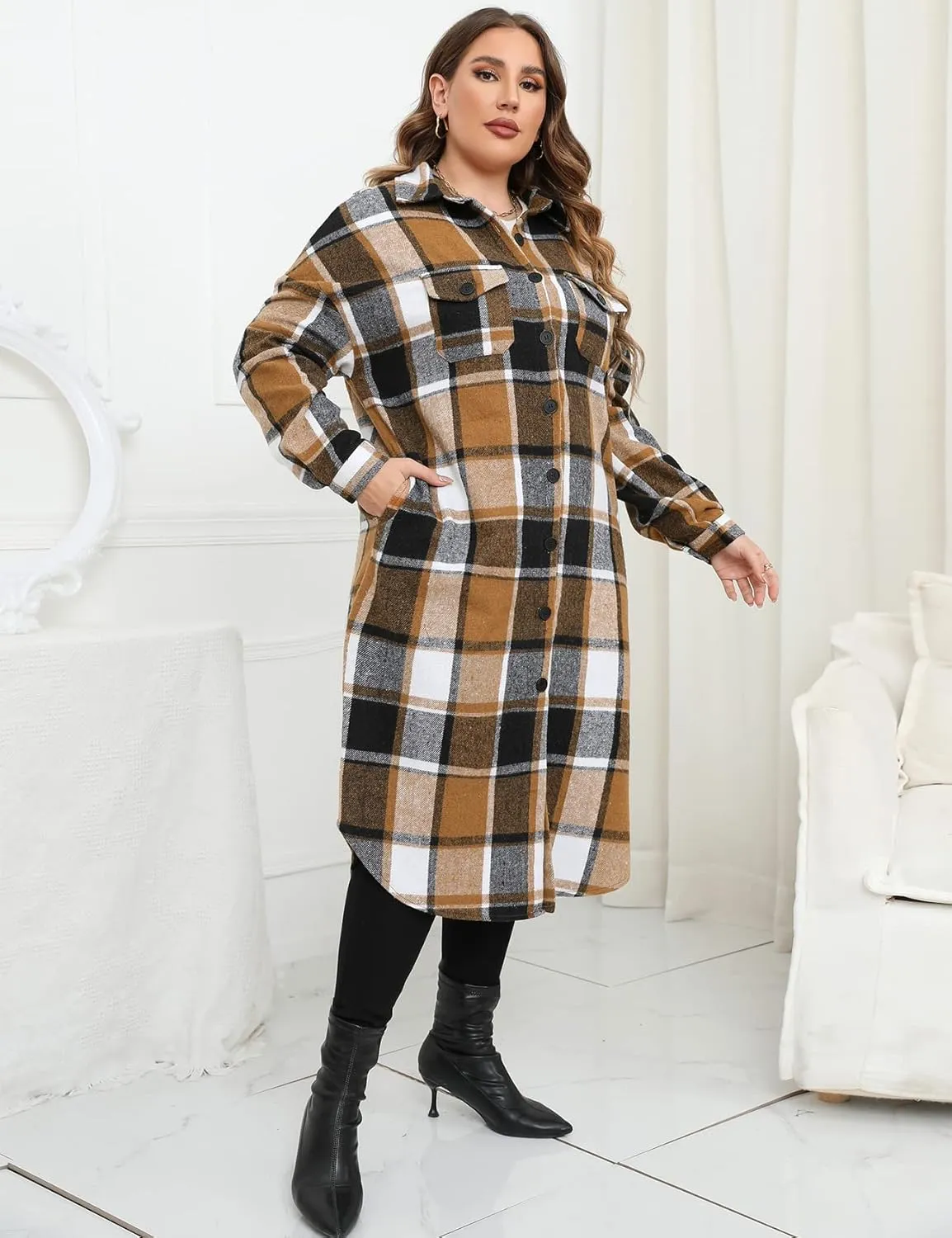 ZOMVA 2024 Women's 0X-5X Plus Size Long Flannel Plaid Shacket Jacket Oversized Button Down Coats Shirts with Pockets