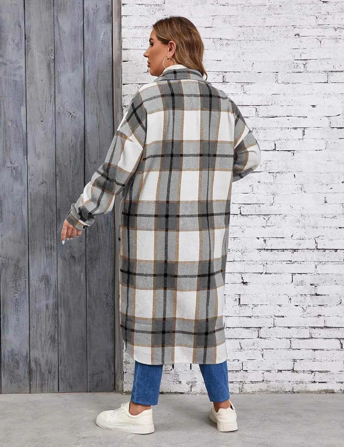 ZOMVA 2024 Women's 0X-5X Plus Size Long Flannel Plaid Shacket Jacket Oversized Button Down Coats Shirts with Pockets