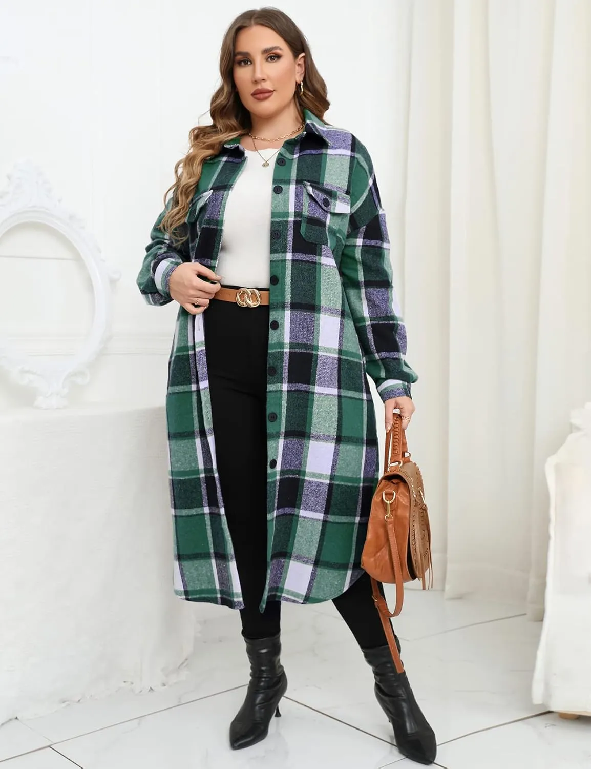 ZOMVA 2024 Women's 0X-5X Plus Size Long Flannel Plaid Shacket Jacket Oversized Button Down Coats Shirts with Pockets
