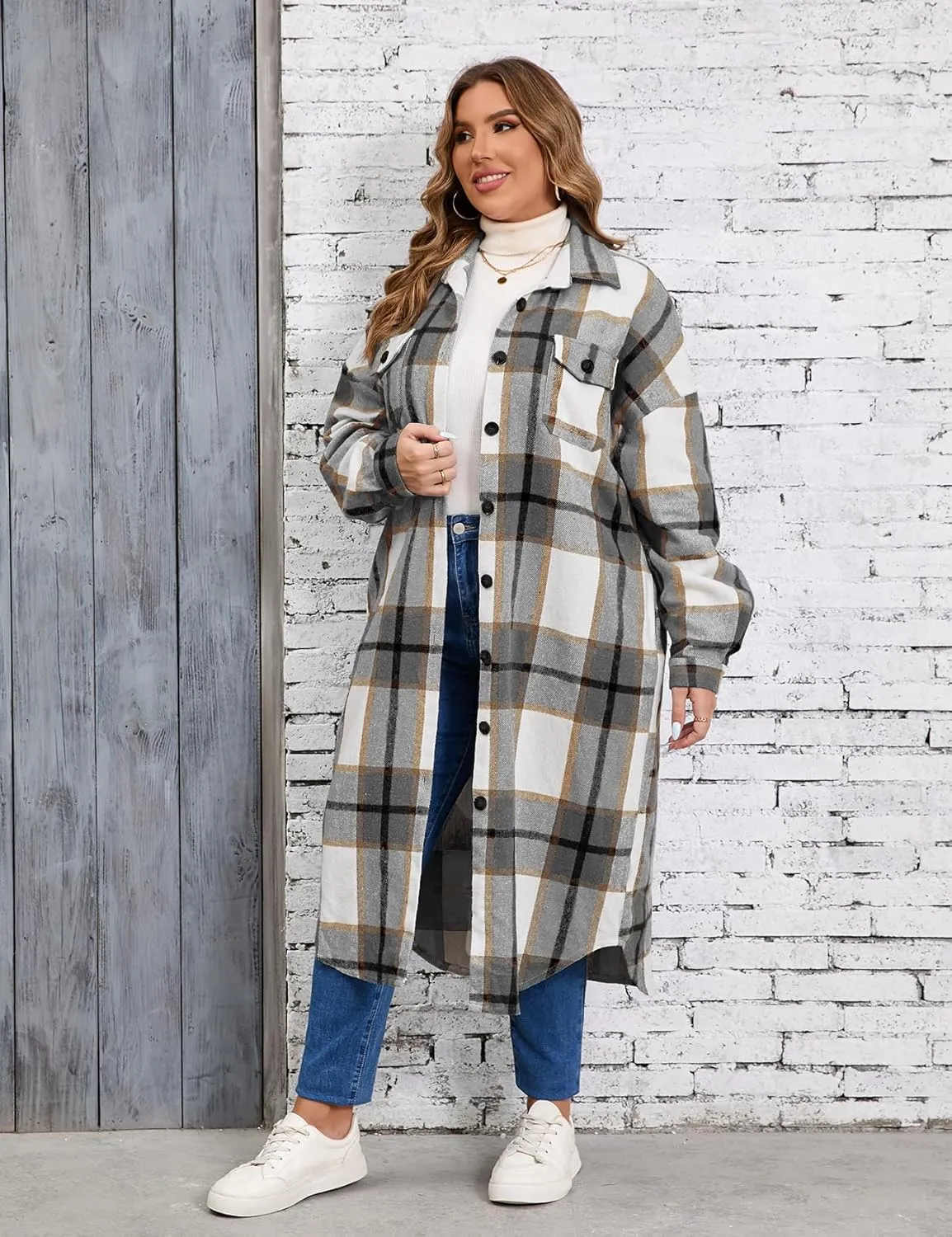 ZOMVA 2024 Women's 0X-5X Plus Size Long Flannel Plaid Shacket Jacket Oversized Button Down Coats Shirts with Pockets