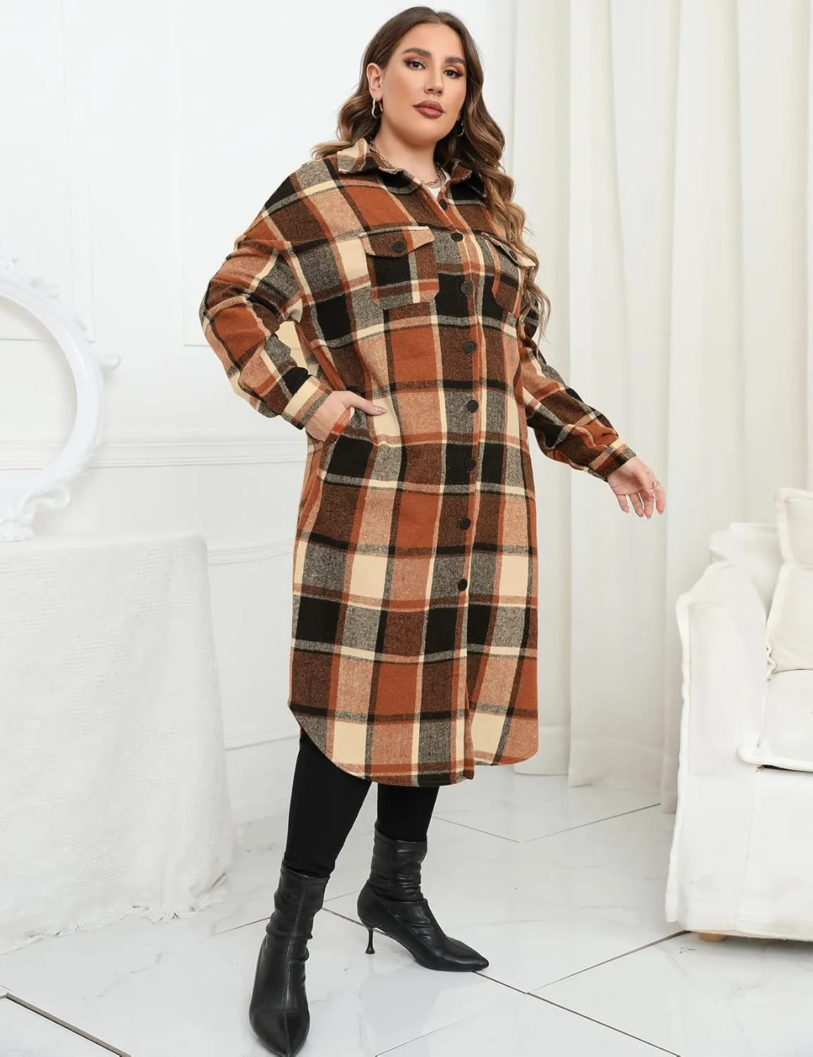 ZOMVA 2024 Women's 0X-5X Plus Size Long Flannel Plaid Shacket Jacket Oversized Button Down Coats Shirts with Pockets