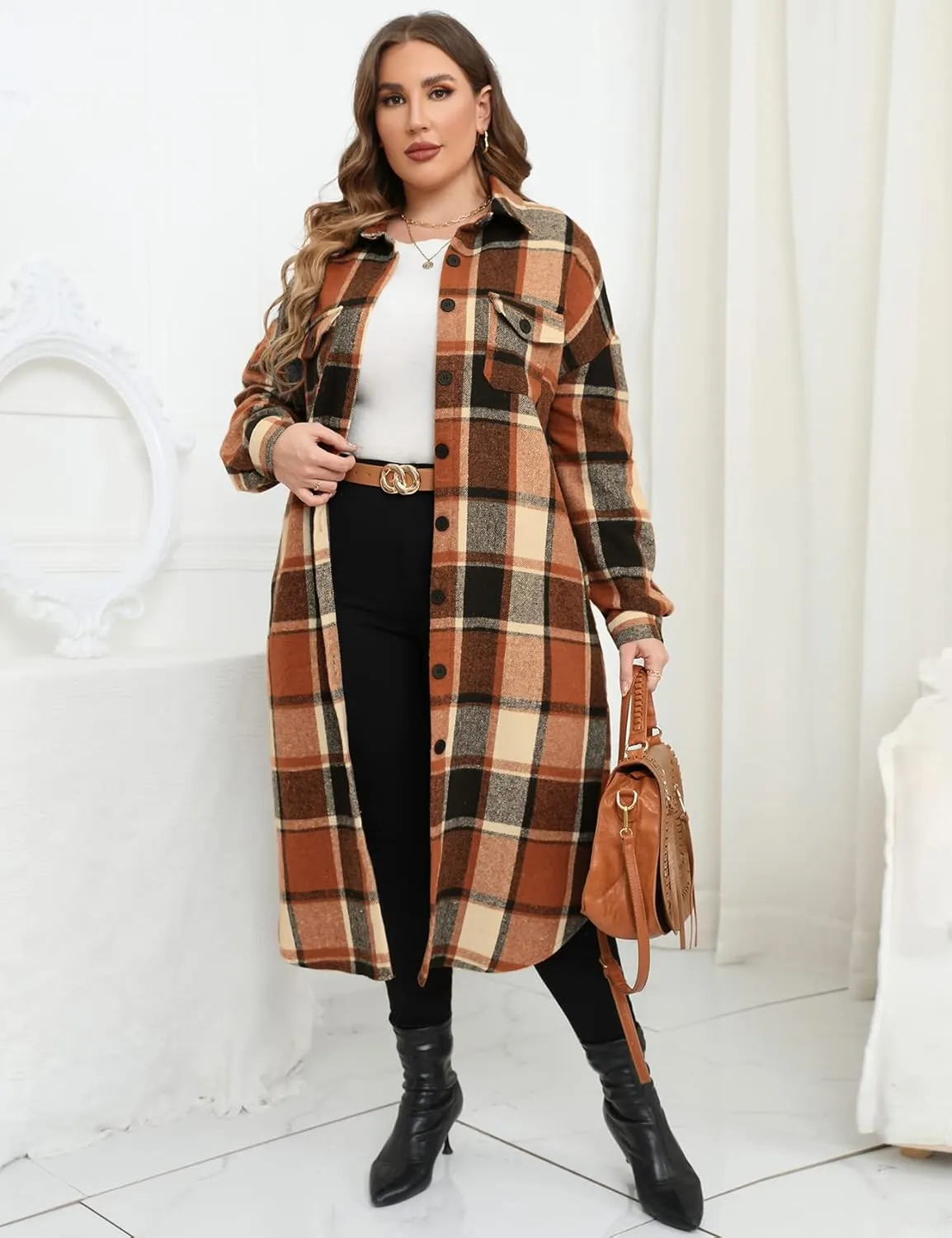 ZOMVA 2024 Women's 0X-5X Plus Size Long Flannel Plaid Shacket Jacket Oversized Button Down Coats Shirts with Pockets