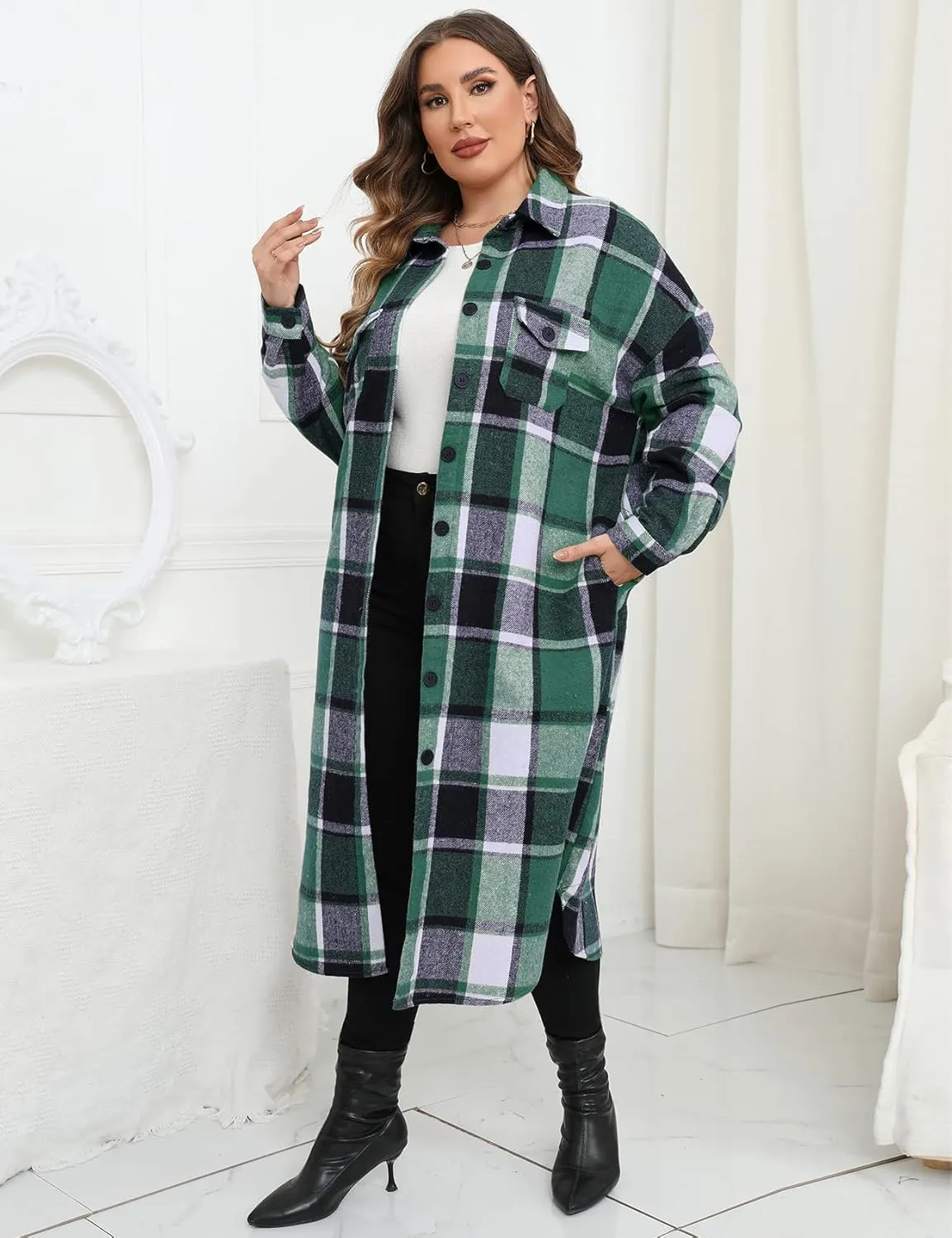ZOMVA 2024 Women's 0X-5X Plus Size Long Flannel Plaid Shacket Jacket Oversized Button Down Coats Shirts with Pockets
