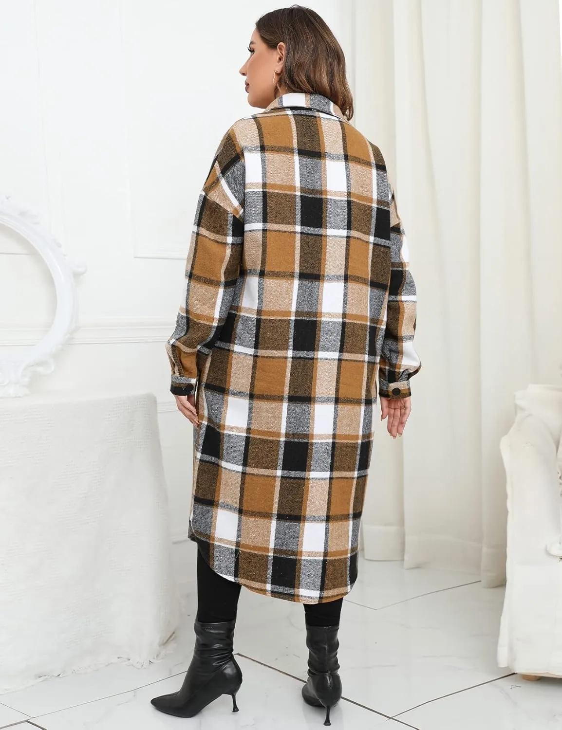 ZOMVA 2024 Women's 0X-5X Plus Size Long Flannel Plaid Shacket Jacket Oversized Button Down Coats Shirts with Pockets
