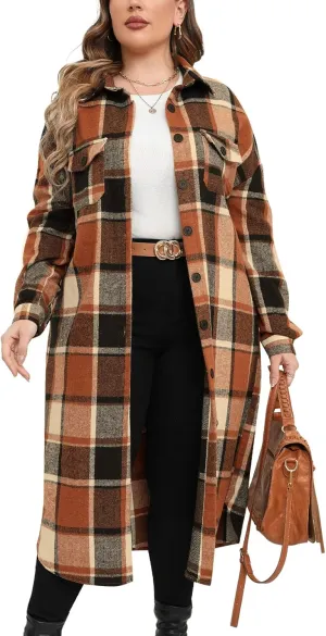 ZOMVA 2024 Women's 0X-5X Plus Size Long Flannel Plaid Shacket Jacket Oversized Button Down Coats Shirts with Pockets