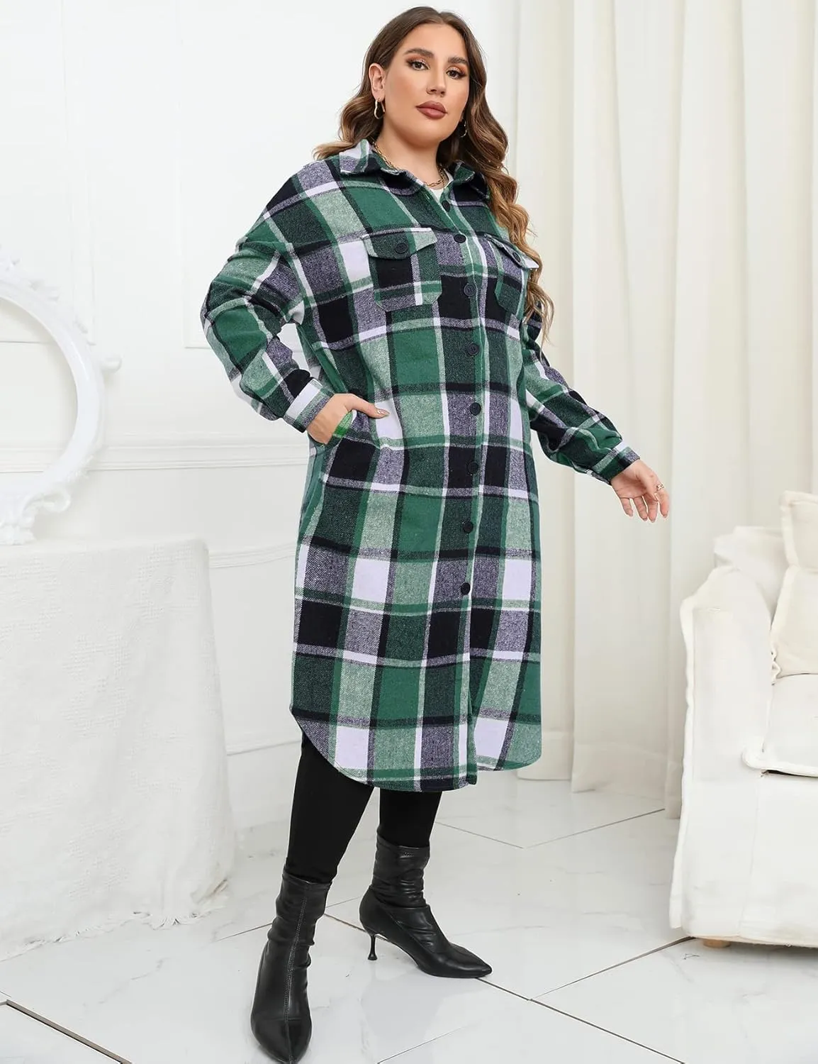 ZOMVA 2024 Women's 0X-5X Plus Size Long Flannel Plaid Shacket Jacket Oversized Button Down Coats Shirts with Pockets