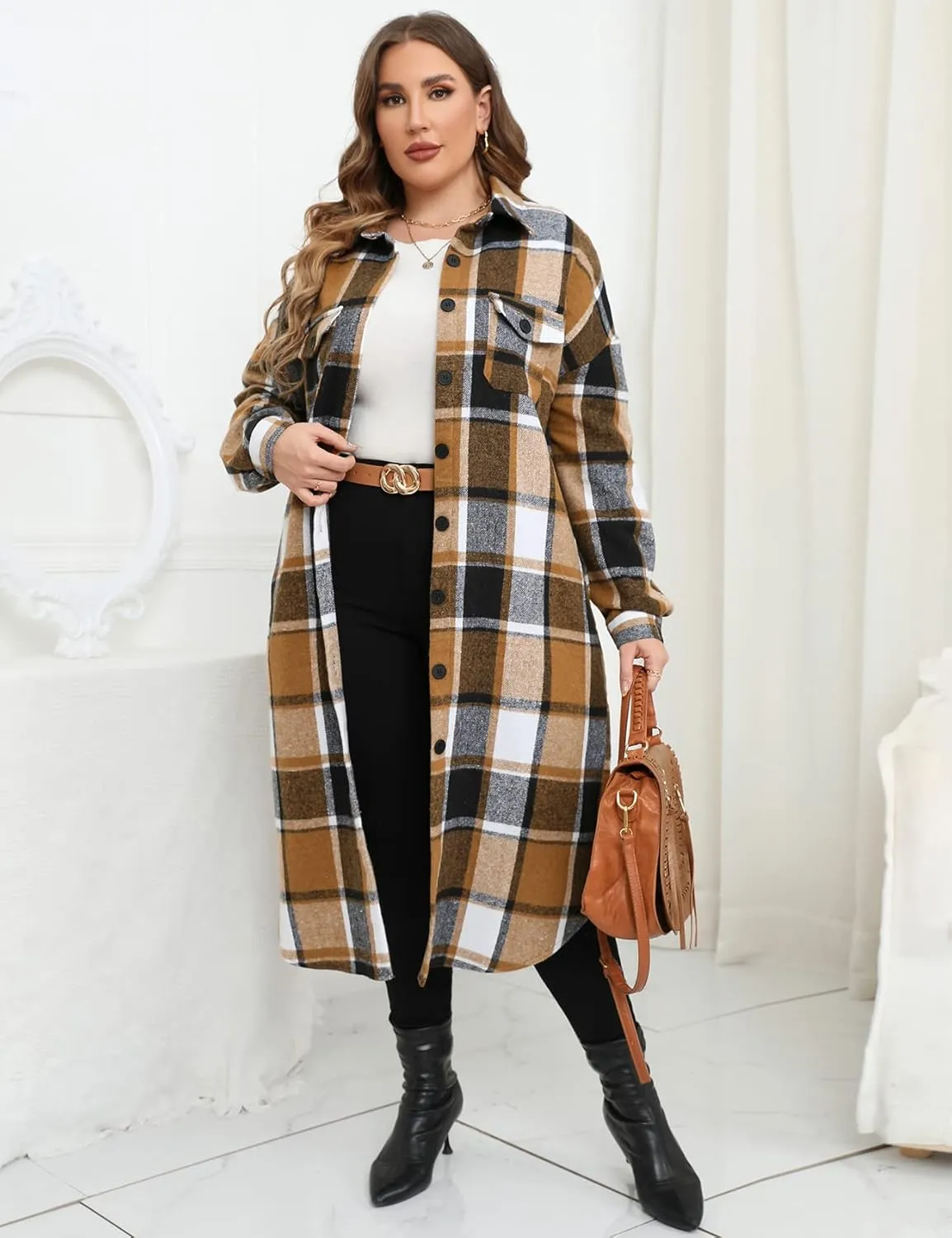 ZOMVA 2024 Women's 0X-5X Plus Size Long Flannel Plaid Shacket Jacket Oversized Button Down Coats Shirts with Pockets