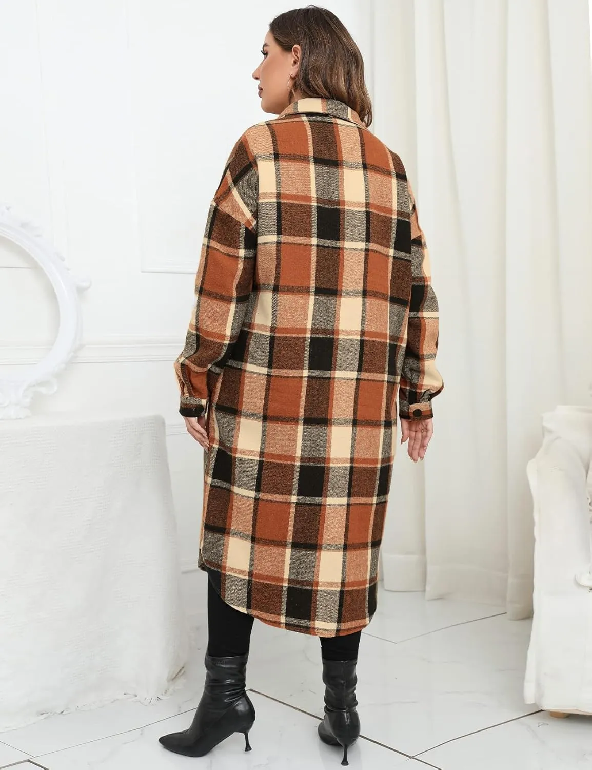 ZOMVA 2024 Women's 0X-5X Plus Size Long Flannel Plaid Shacket Jacket Oversized Button Down Coats Shirts with Pockets