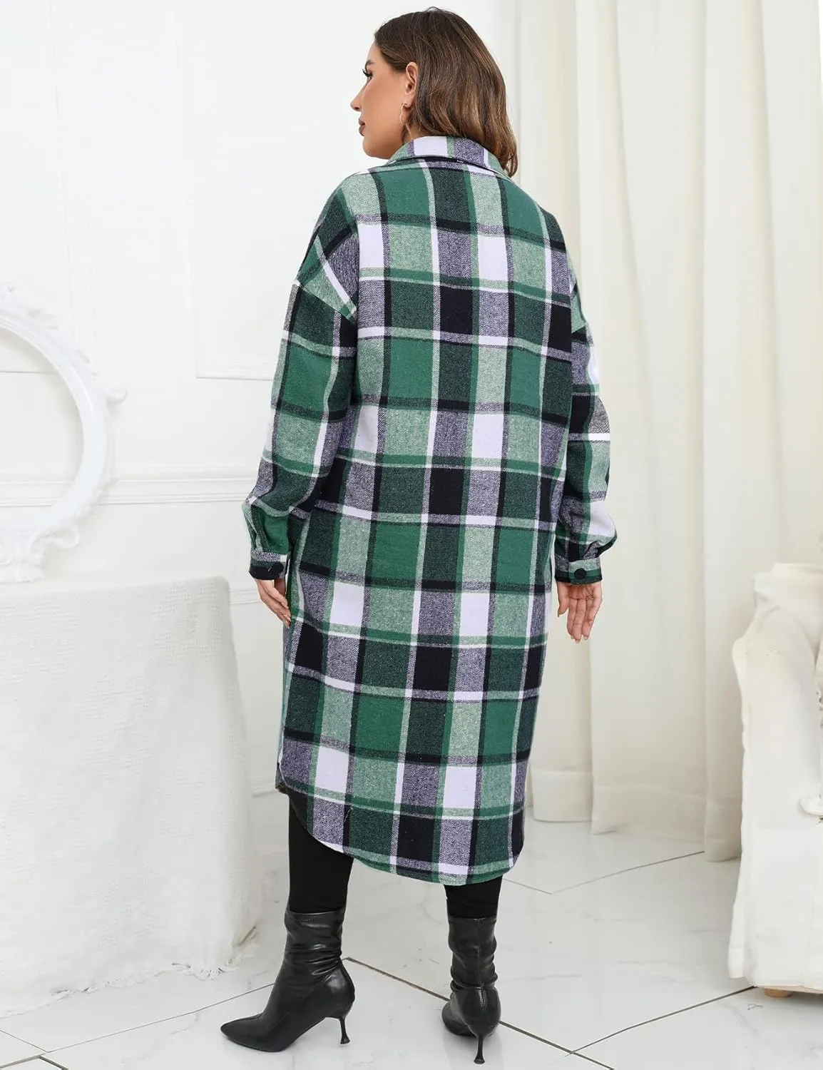 ZOMVA 2024 Women's 0X-5X Plus Size Long Flannel Plaid Shacket Jacket Oversized Button Down Coats Shirts with Pockets