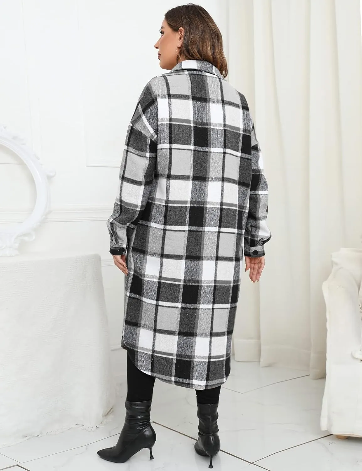 ZOMVA 2024 Women's 0X-5X Plus Size Long Flannel Plaid Shacket Jacket Oversized Button Down Coats Shirts with Pockets