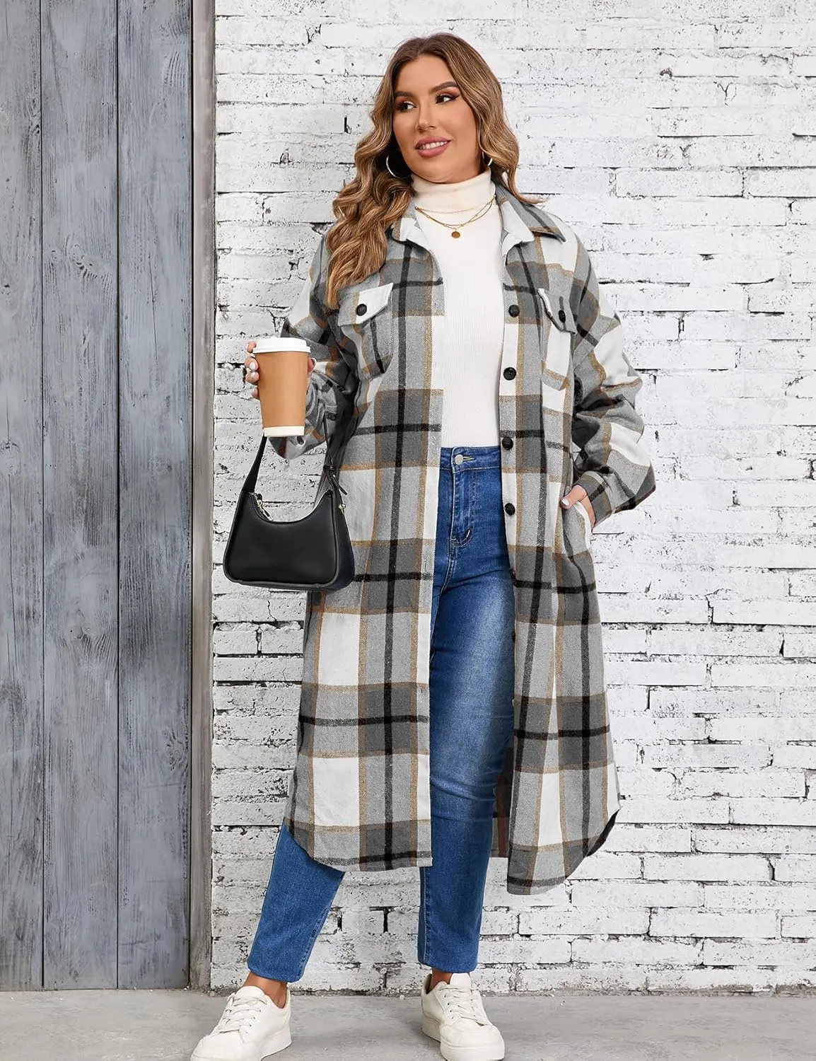 ZOMVA 2024 Women's 0X-5X Plus Size Long Flannel Plaid Shacket Jacket Oversized Button Down Coats Shirts with Pockets