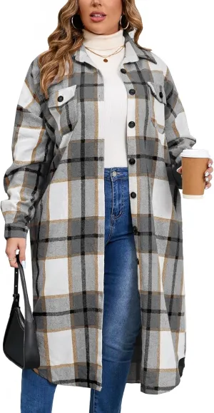 ZOMVA 2024 Women's 0X-5X Plus Size Long Flannel Plaid Shacket Jacket Oversized Button Down Coats Shirts with Pockets