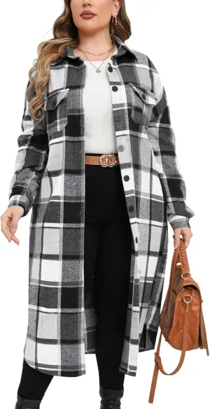 ZOMVA 2024 Women's 0X-5X Plus Size Long Flannel Plaid Shacket Jacket Oversized Button Down Coats Shirts with Pockets