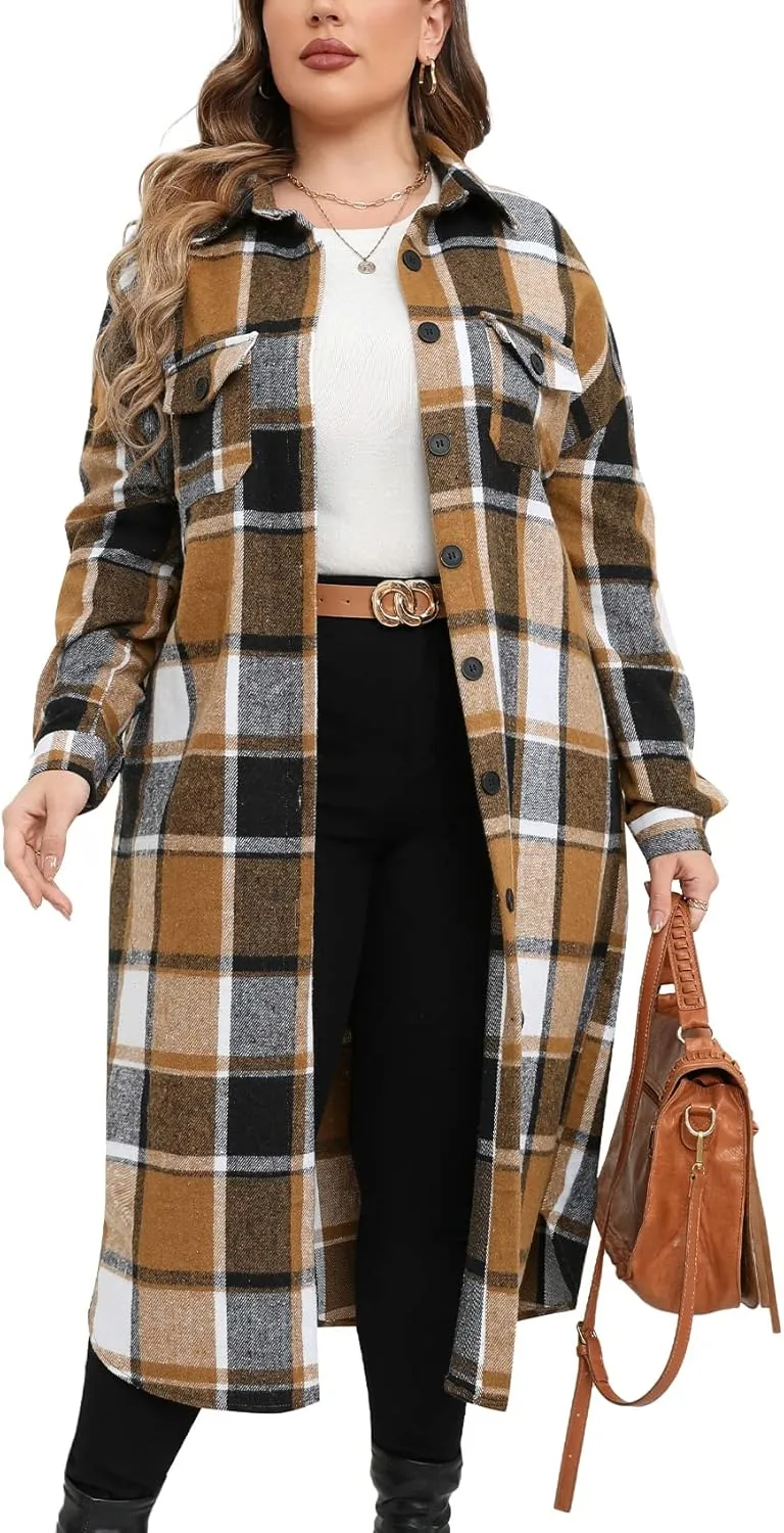ZOMVA 2024 Women's 0X-5X Plus Size Long Flannel Plaid Shacket Jacket Oversized Button Down Coats Shirts with Pockets