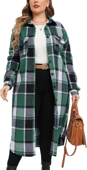 ZOMVA 2024 Women's 0X-5X Plus Size Long Flannel Plaid Shacket Jacket Oversized Button Down Coats Shirts with Pockets
