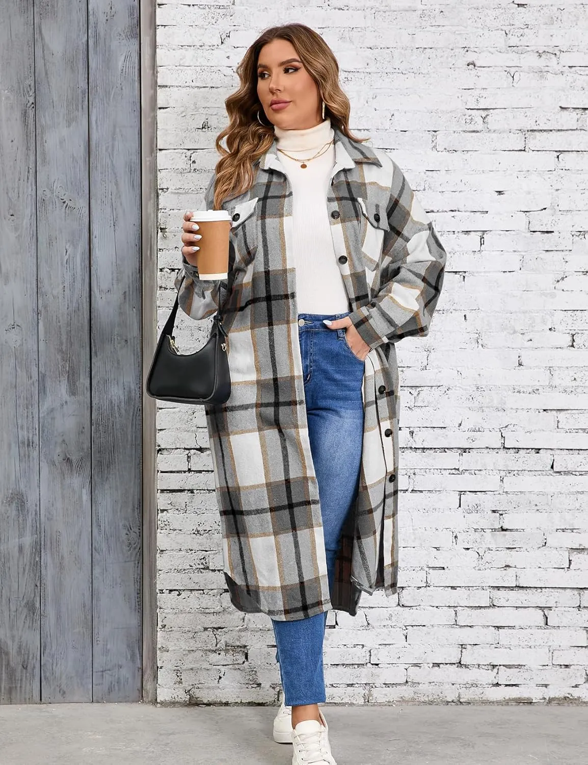 ZOMVA 2024 Women's 0X-5X Plus Size Long Flannel Plaid Shacket Jacket Oversized Button Down Coats Shirts with Pockets