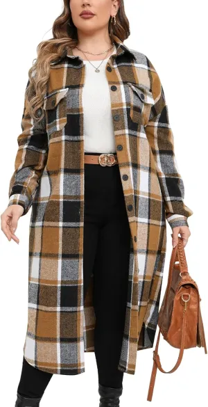 ZOMVA 2024 Women's 0X-5X Plus Size Long Flannel Plaid Shacket Jacket Oversized Button Down Coats Shirts with Pockets