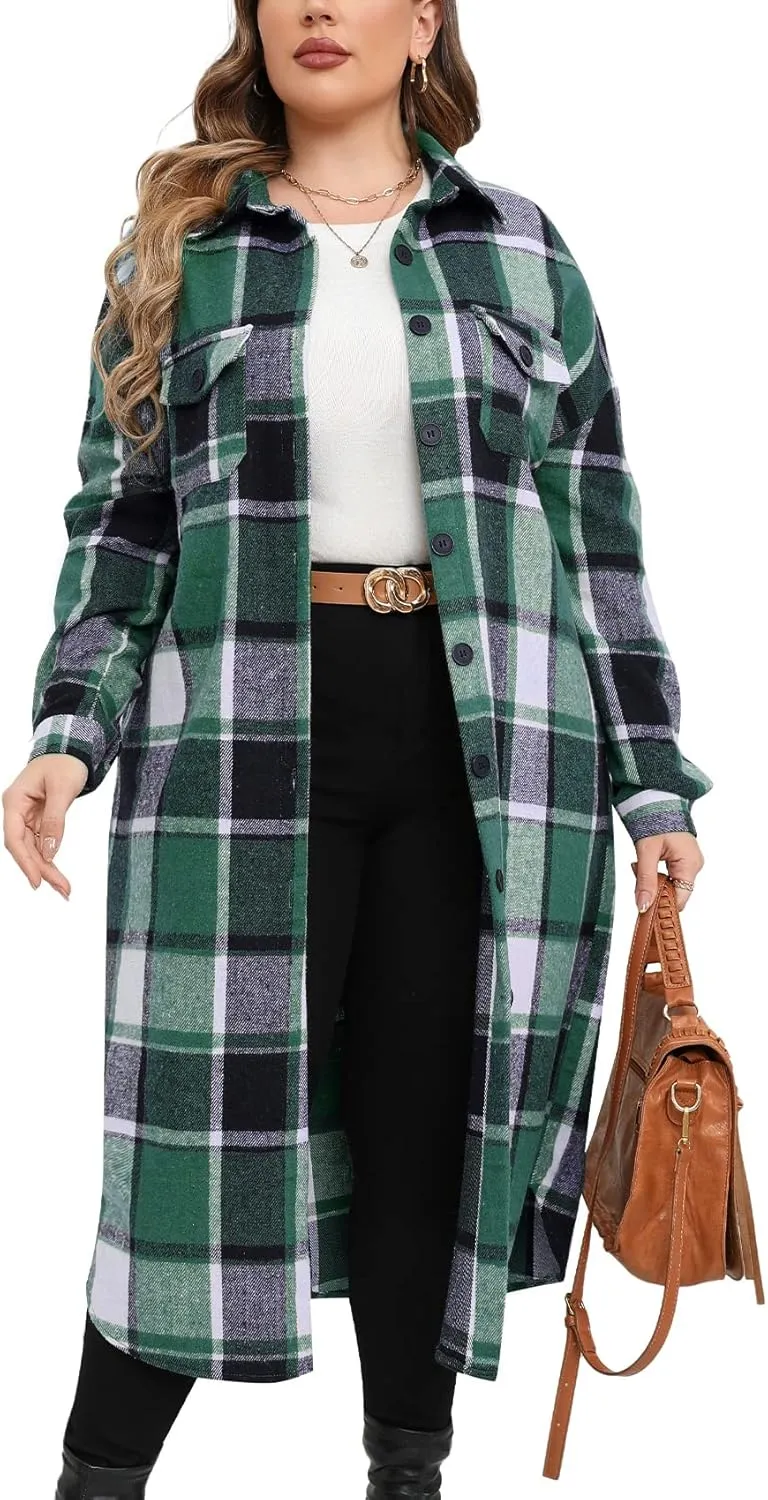 ZOMVA 2024 Women's 0X-5X Plus Size Long Flannel Plaid Shacket Jacket Oversized Button Down Coats Shirts with Pockets