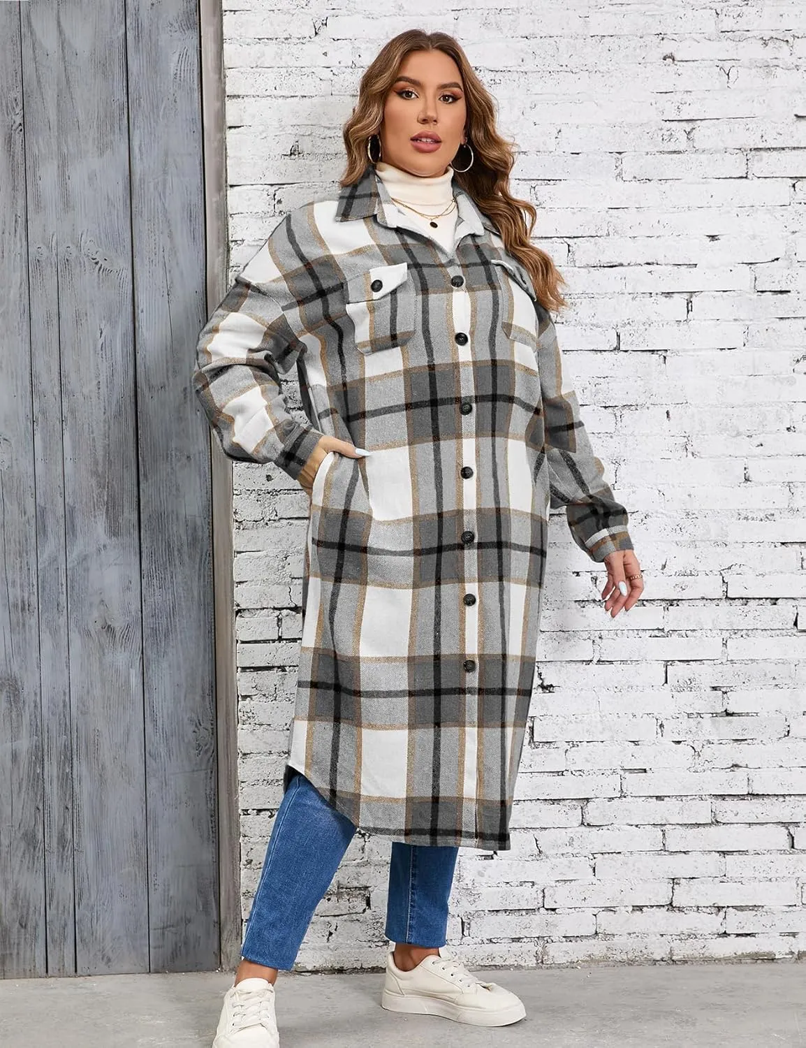 ZOMVA 2024 Women's 0X-5X Plus Size Long Flannel Plaid Shacket Jacket Oversized Button Down Coats Shirts with Pockets