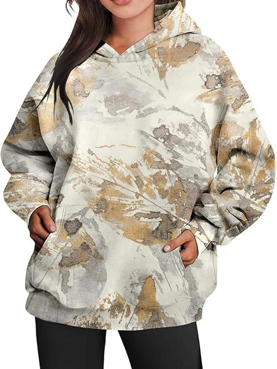ZWRXW Women's Camo Hoodie Maple Leaf Print Oversized Sweatshirt Pullover Hooded Sweatshirt Long Sleeve Camouflage Hoodie