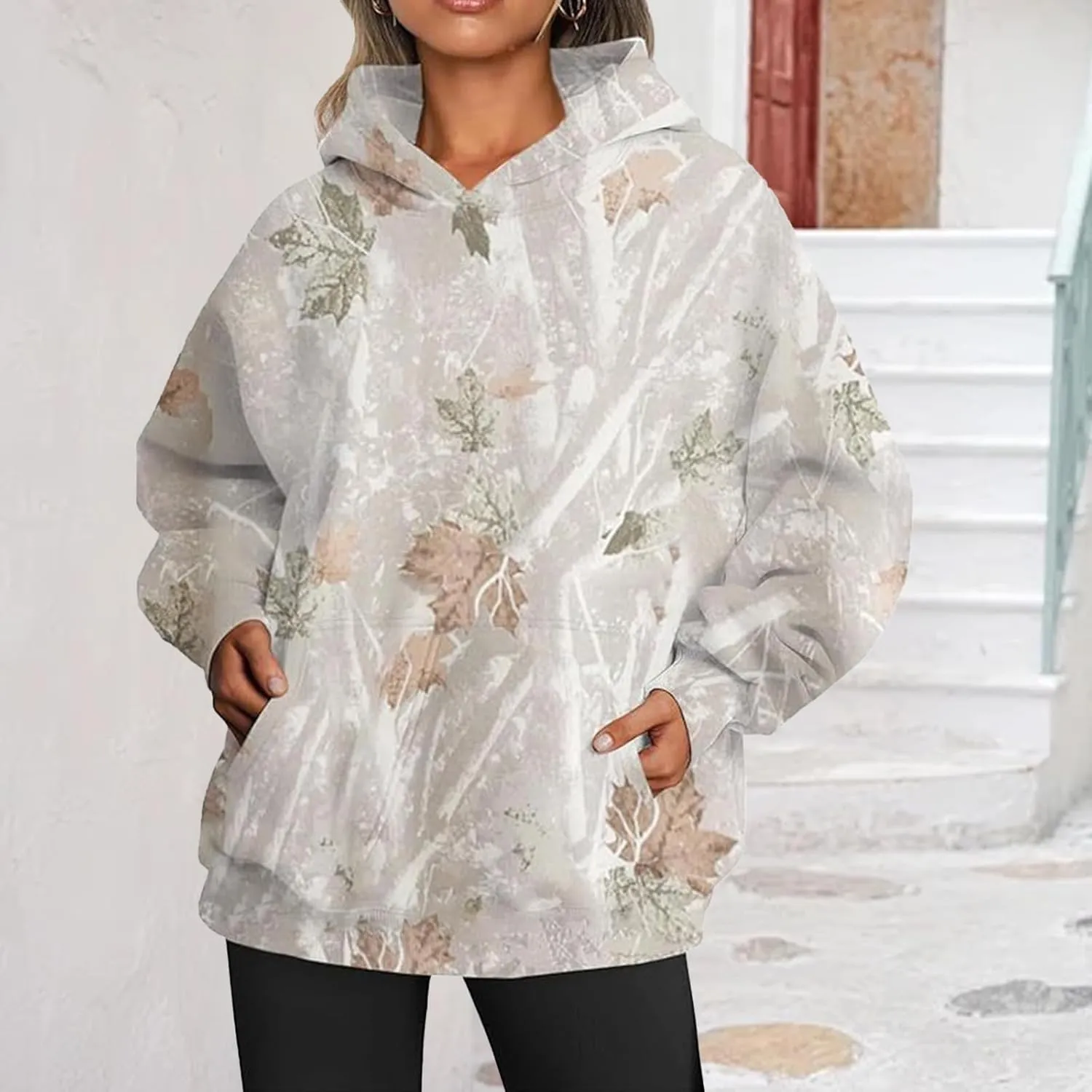 ZWRXW Women's Camo Hoodie Maple Leaf Print Oversized Sweatshirt Pullover Hooded Sweatshirt Long Sleeve Camouflage Hoodie