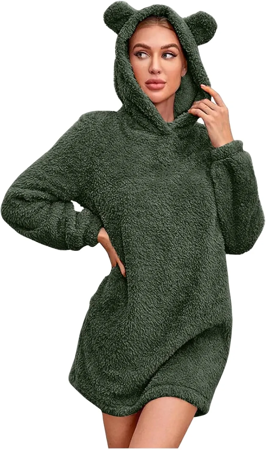 ZWRXW Womens Cute Hoodie Sweatshirt Dress Oversized Long Sleeve Fleece Pajamas Solid Pullover Warm Winter Dresses Sleepwear