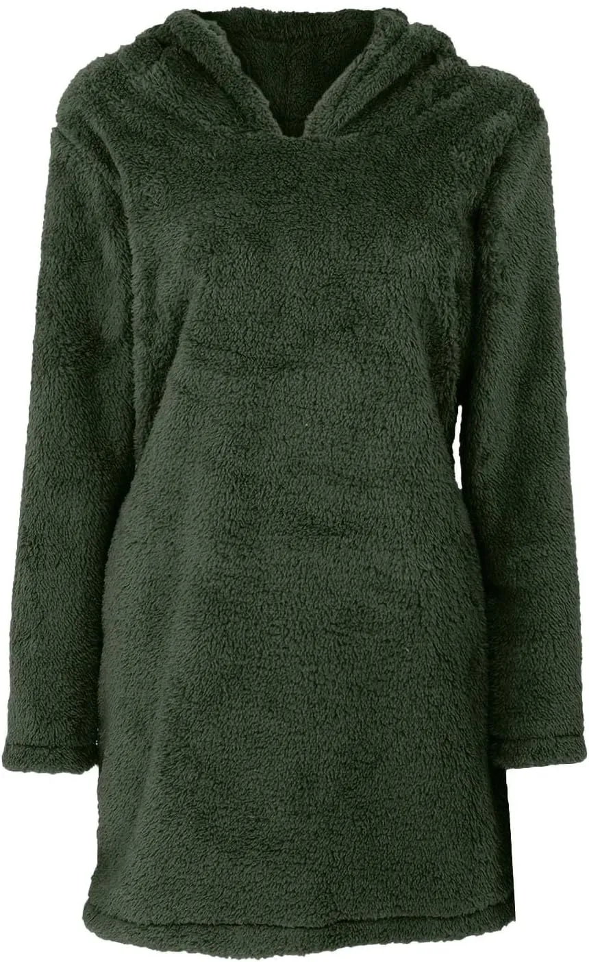 ZWRXW Womens Cute Hoodie Sweatshirt Dress Oversized Long Sleeve Fleece Pajamas Solid Pullover Warm Winter Dresses Sleepwear