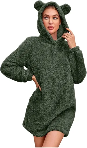 ZWRXW Womens Cute Hoodie Sweatshirt Dress Oversized Long Sleeve Fleece Pajamas Solid Pullover Warm Winter Dresses Sleepwear