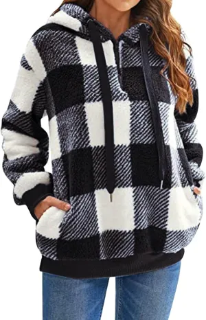 ZWRXW Womens Oversized Sherpa Hoodies Drawstring Fuzzy Fleece Hoodie Sweatshirts Fluffy Buffalo Plaid Outerwear with Pockets