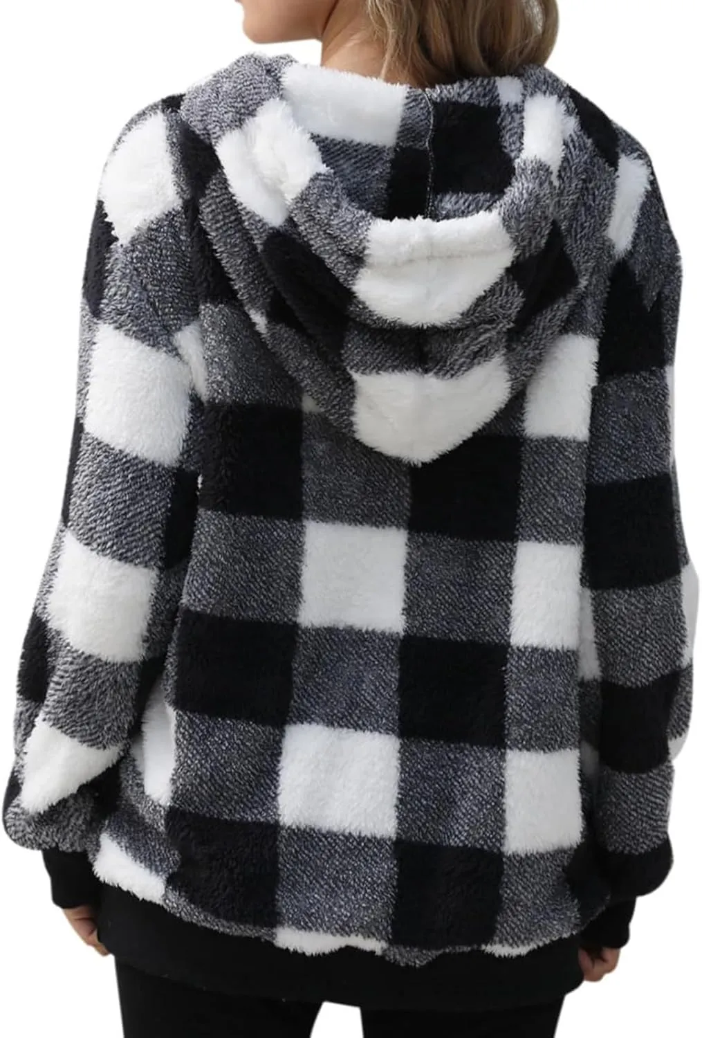 ZWRXW Womens Oversized Sherpa Hoodies Drawstring Fuzzy Fleece Hoodie Sweatshirts Fluffy Buffalo Plaid Outerwear with Pockets