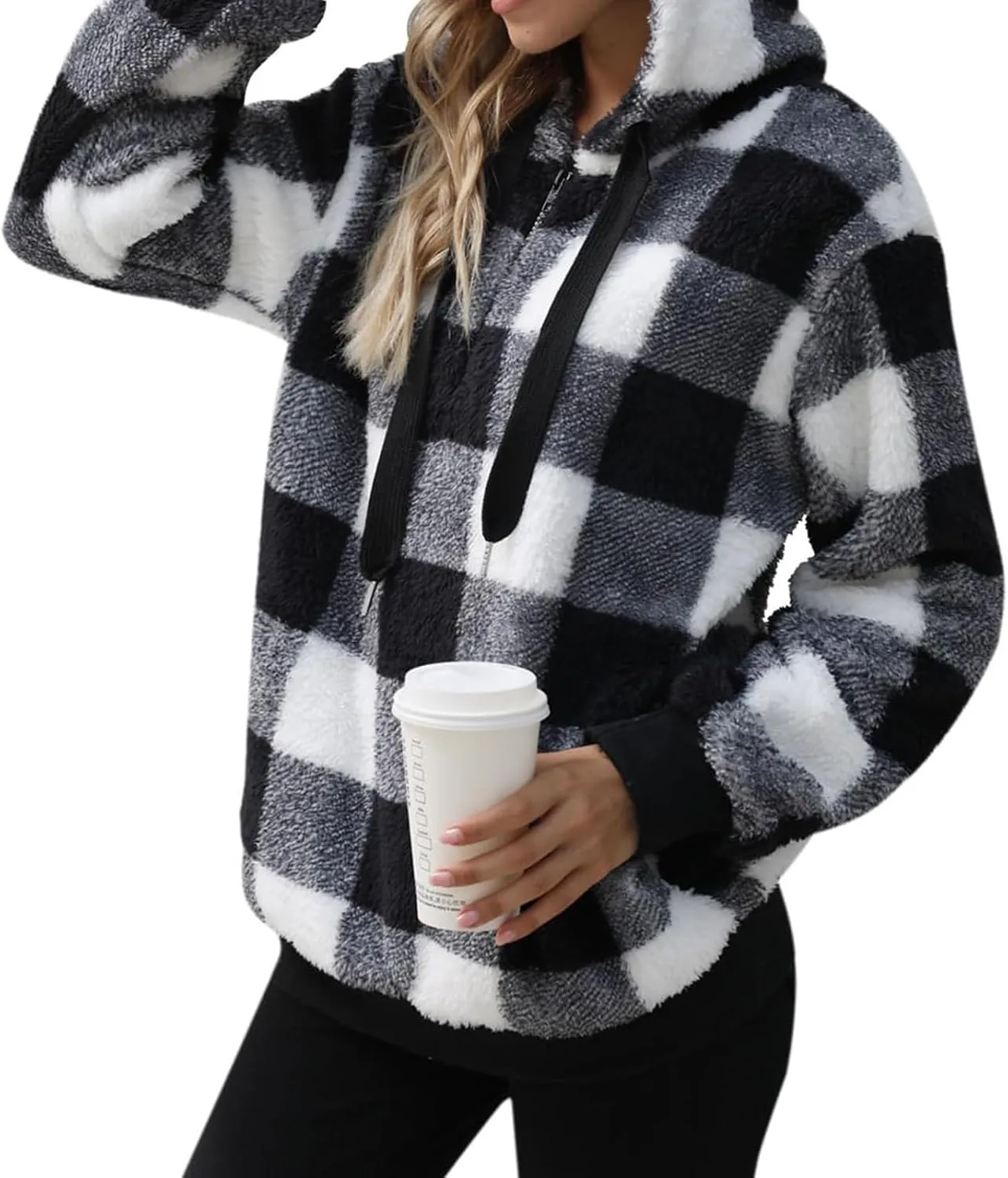 ZWRXW Womens Oversized Sherpa Hoodies Drawstring Fuzzy Fleece Hoodie Sweatshirts Fluffy Buffalo Plaid Outerwear with Pockets