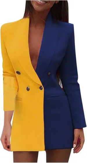 ZYXTIM Blazers for Women Color Contrast Double Breasted Sexy Deep V Neck Lapel Casual Blazer Dress Work Office Mini Dress